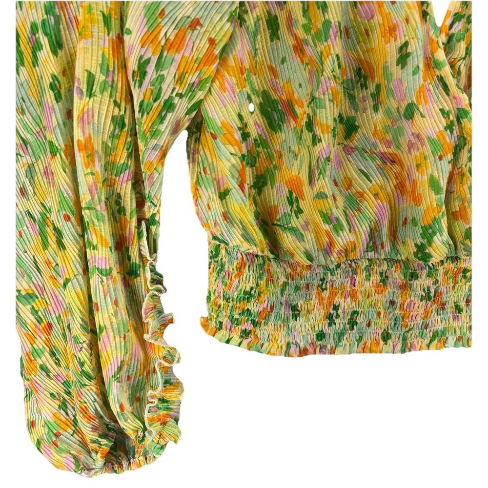 ASTR Bellona Floral Plisse Top Boho Smocked Ruffle Sheer Blouse Fairy Ethereal M - Picture 6 of 11